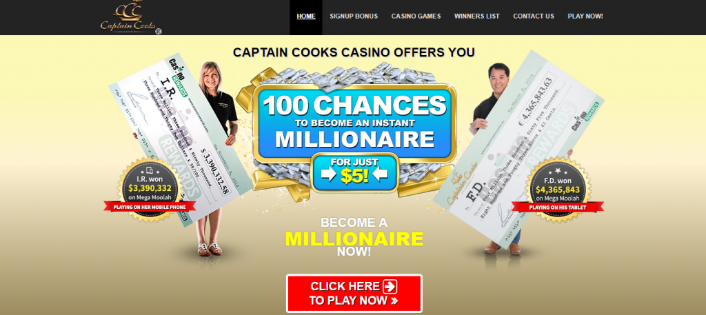 captain cooks main page of jackpot