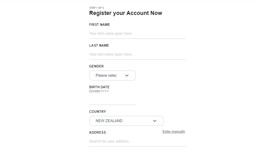 registration page of casigo