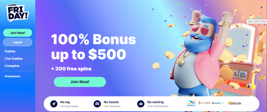 bonus displayed on casino friday main page
