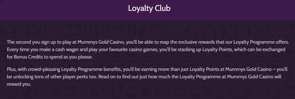 loyalty club description of mummy's gold casino