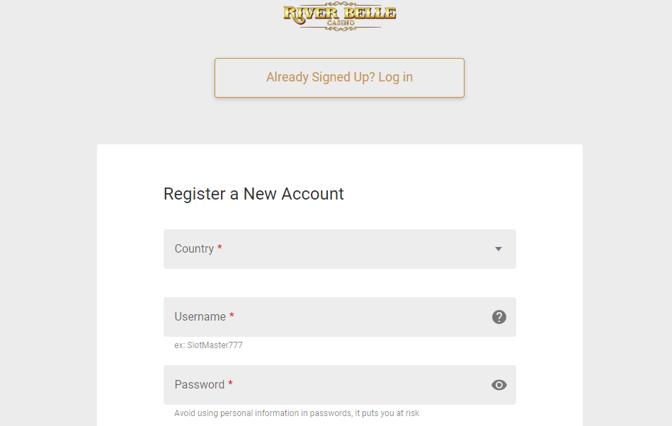 signup on riverbelle casino