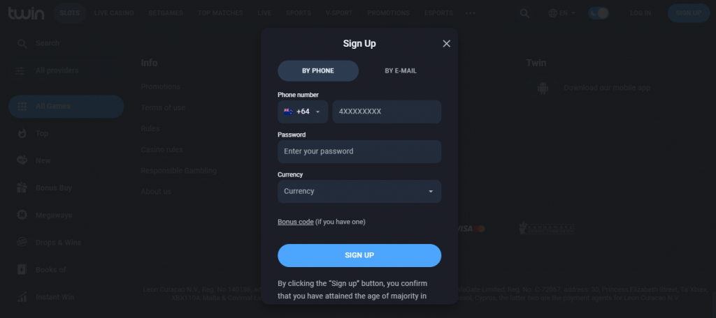 how to sign up on twin casino